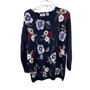Paul Harris Design Knitted by‎ Hand Vintage Floral Sweater Size M Blue  Granny